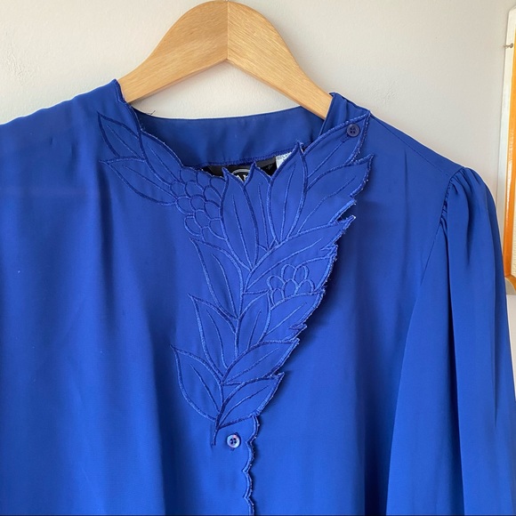 Vintage Navy Dark Blue Blouse with Leaf Embroidery Button up - Picture 2 of 10